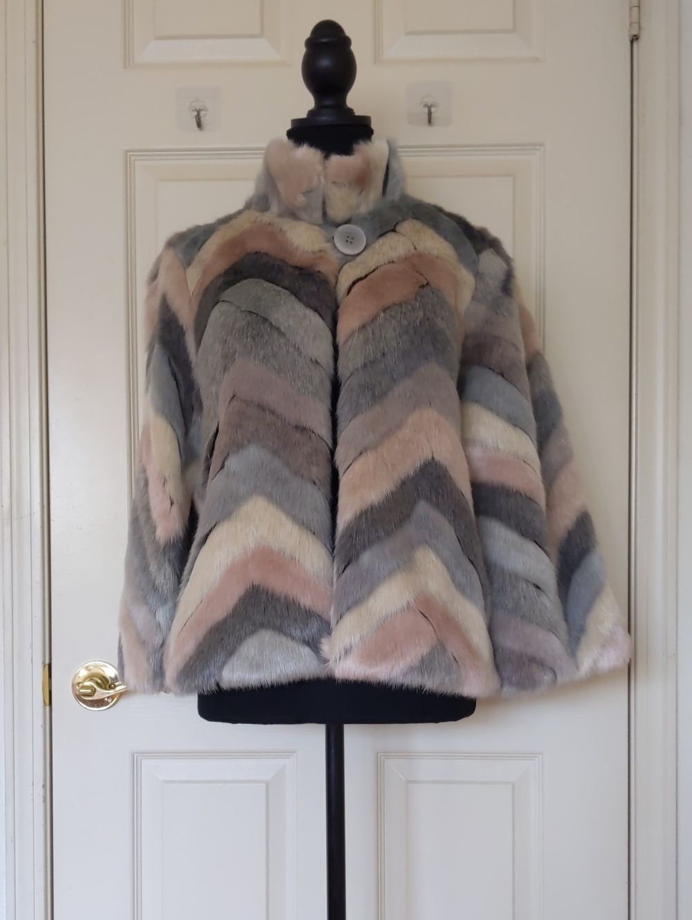 NWT. Maria Sole Luxury Chevron Faux Fur Jacket in Pastel Multicolor With Lining.